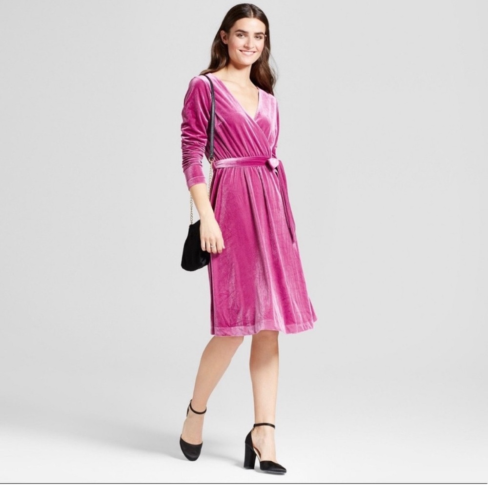 Fall Elegant Pink Velvet Faux Wrap Dress Wedding